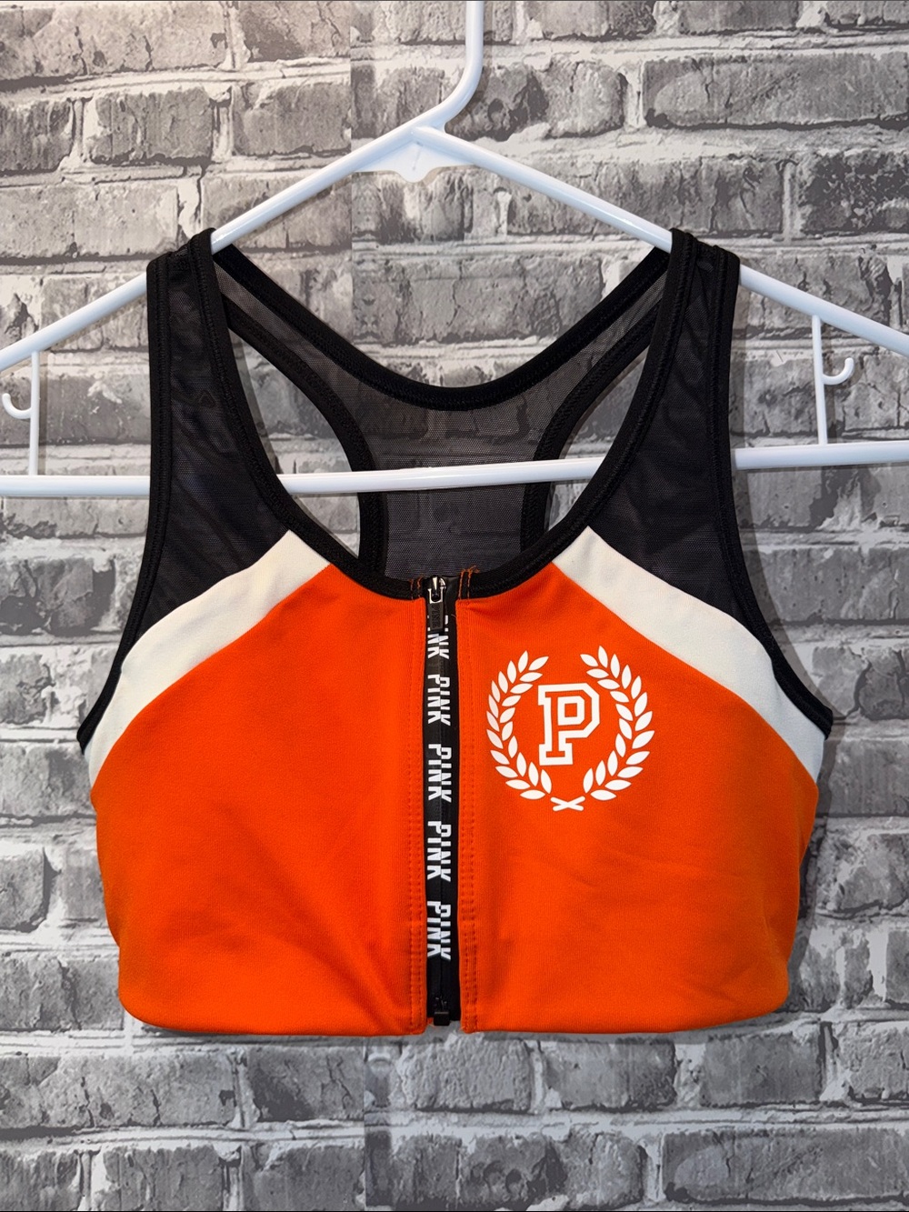 PINK Victoria's Secret Black and Orange Zip-Front Sports‎ Bra